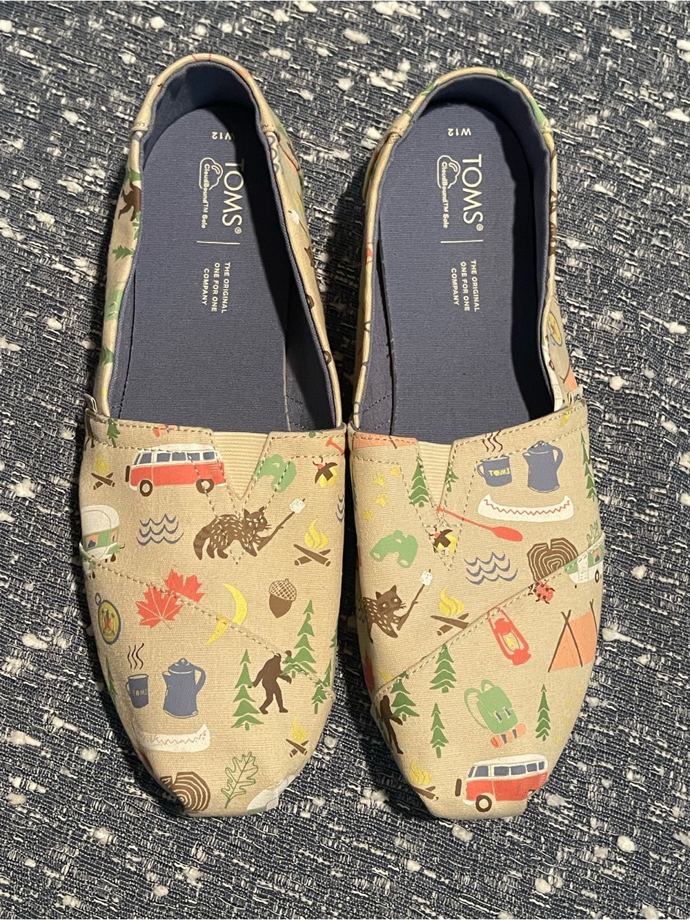 TOMS Beige Happy Camper Print Slip-Ons